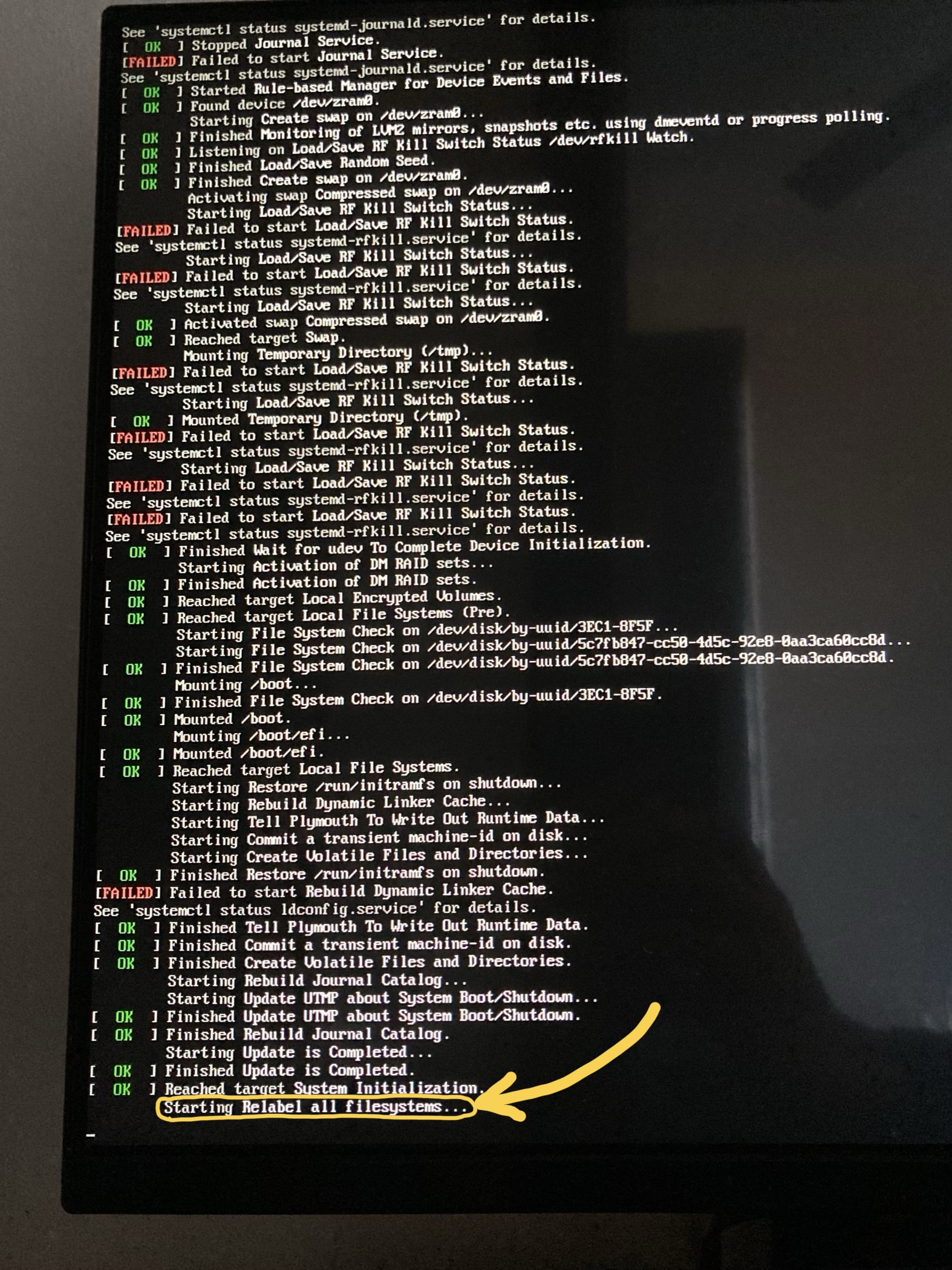 Boot message indicating file systems are being relabeled for\nSELinux