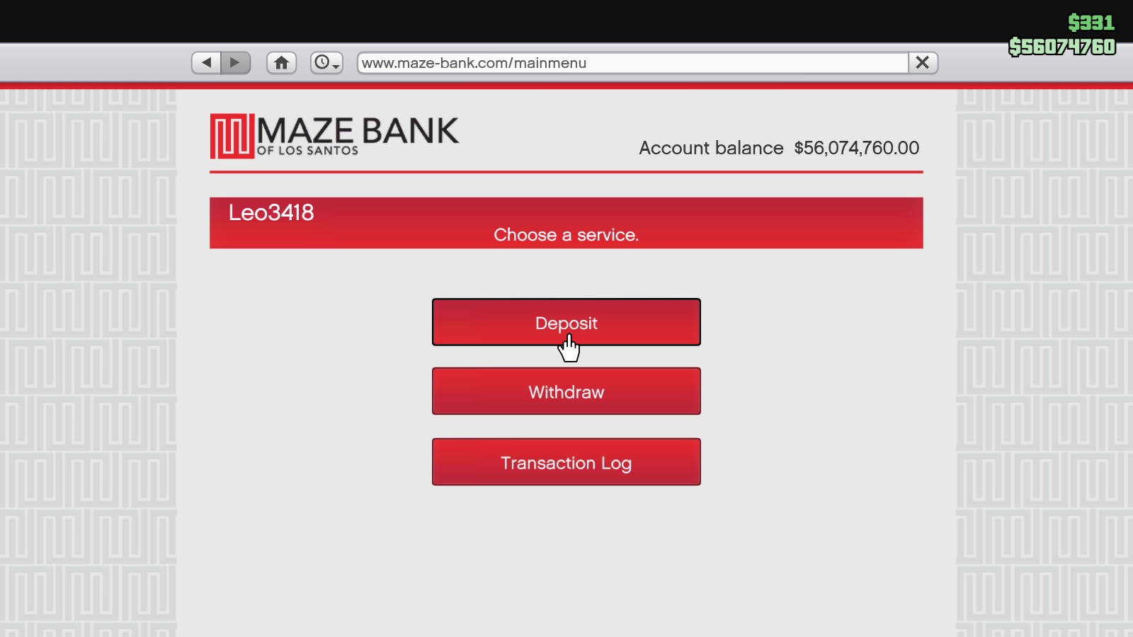 Main Menu of Maze Bank’s website