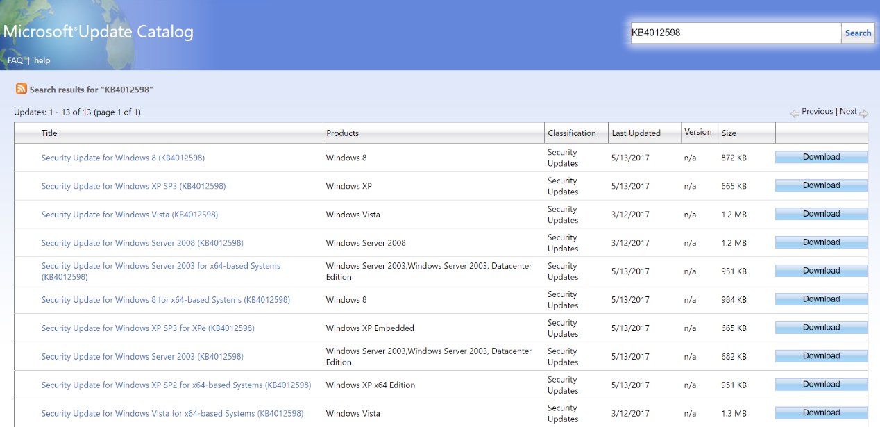 Microsoft Update Catalog 上的 KB4012598 更新程序列表