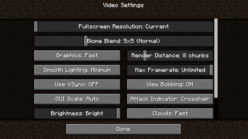 A settings screen of Minecraft