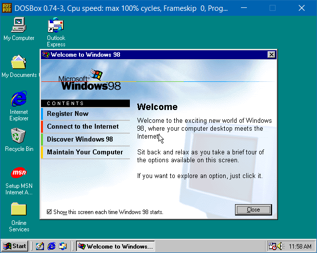The “Welcome to Windows 98” window
