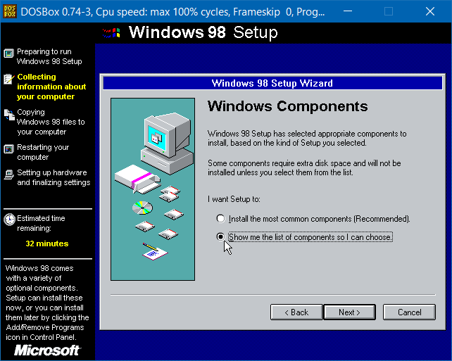 Opt to choose Windows 98 components