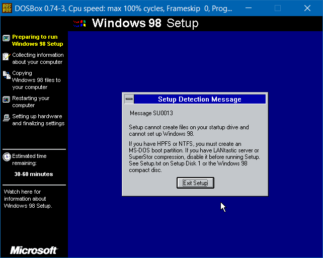 Error message from Setup when it is started directory from DOSBox
