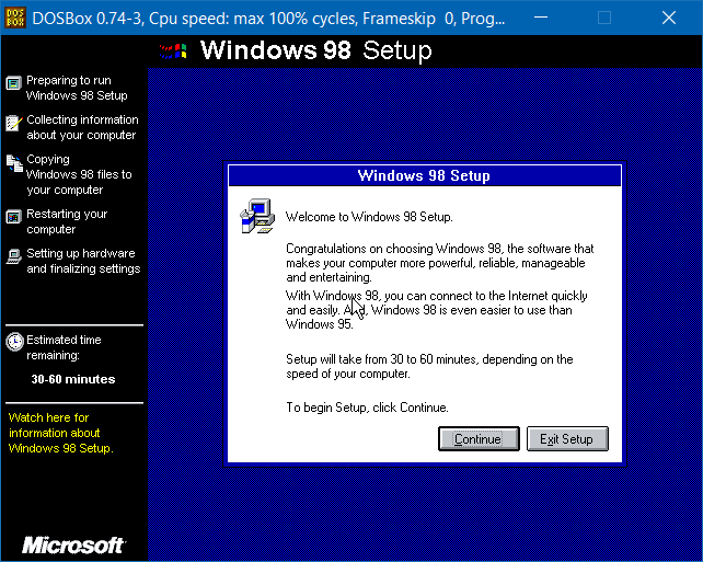 Windows 98 Setup is started in DOSBox