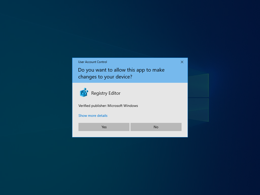 User Account Control dialog box when launching Registry Editor