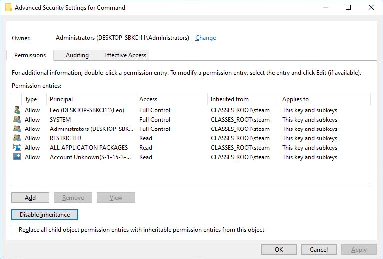 The “Disable inheritance” button in the Advanced Security Settings\nwindow
