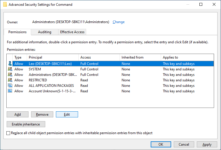 The current user being selected and the “Edit” button in the Advanced\nSecurity Settings window