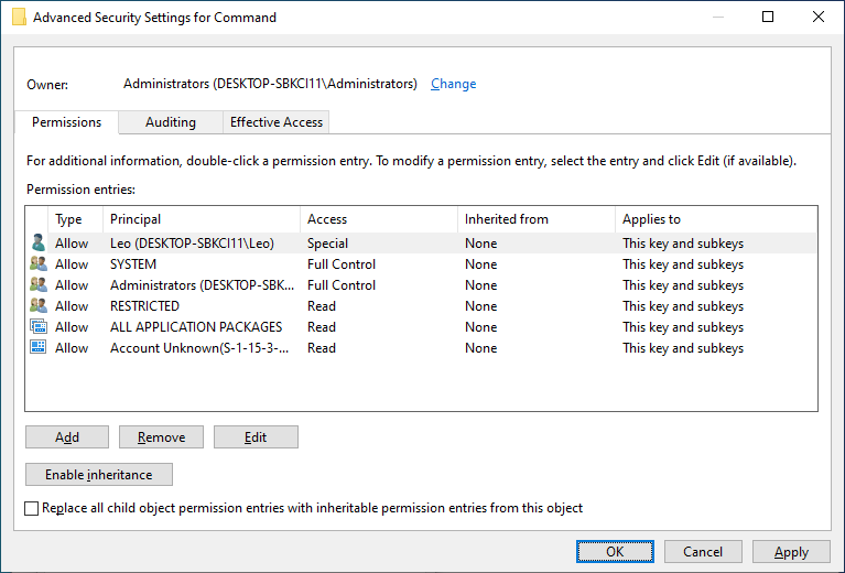 Closing the Advanced Security Settings window