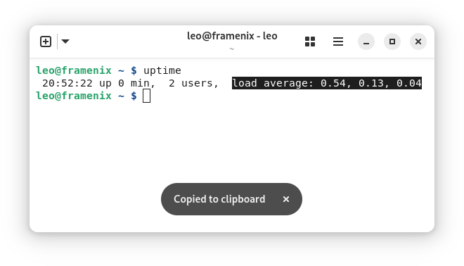 The “Copied to clipboard” message in Ptyxis