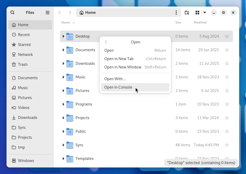 GNOME Files screenshot with "Open in Console" context menu option