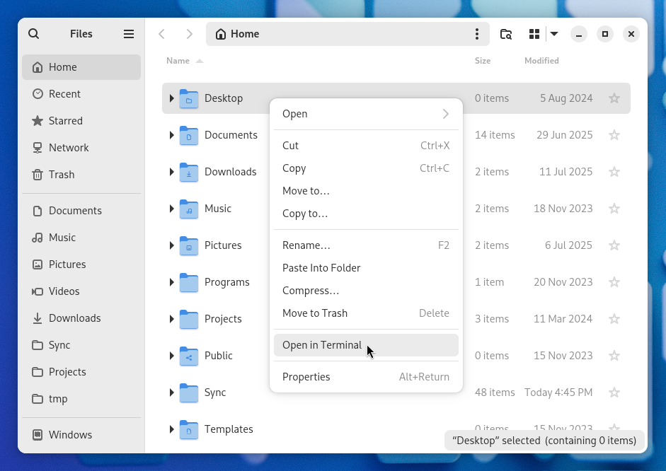 GNOME Files screenshot with "Open in Terminal" context menu option