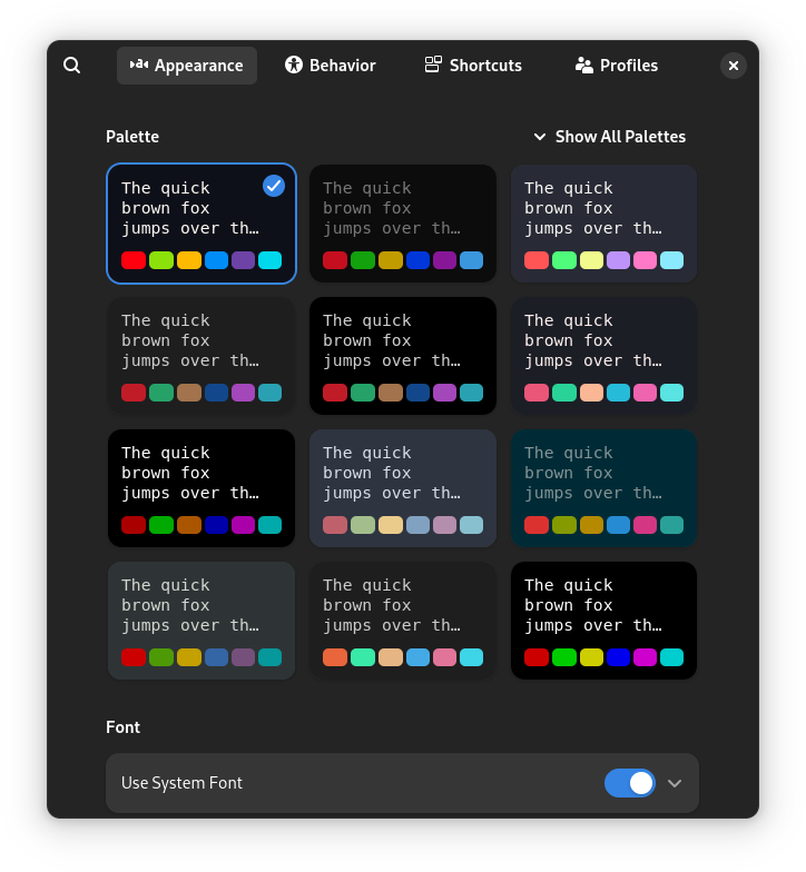 Appearance options in Ptyxis preferences