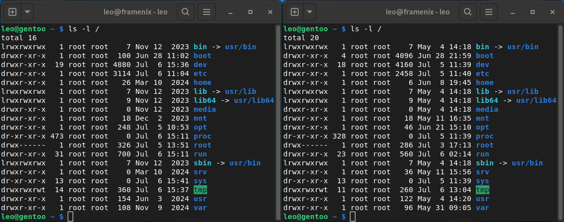 Two identical-looking GNOME Terminal windows side by side