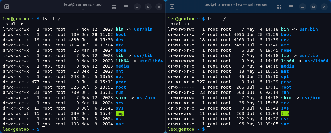 Two Ptyxis windows side by side; a remote machine’s terminal window is
distinguished by its blue top bar