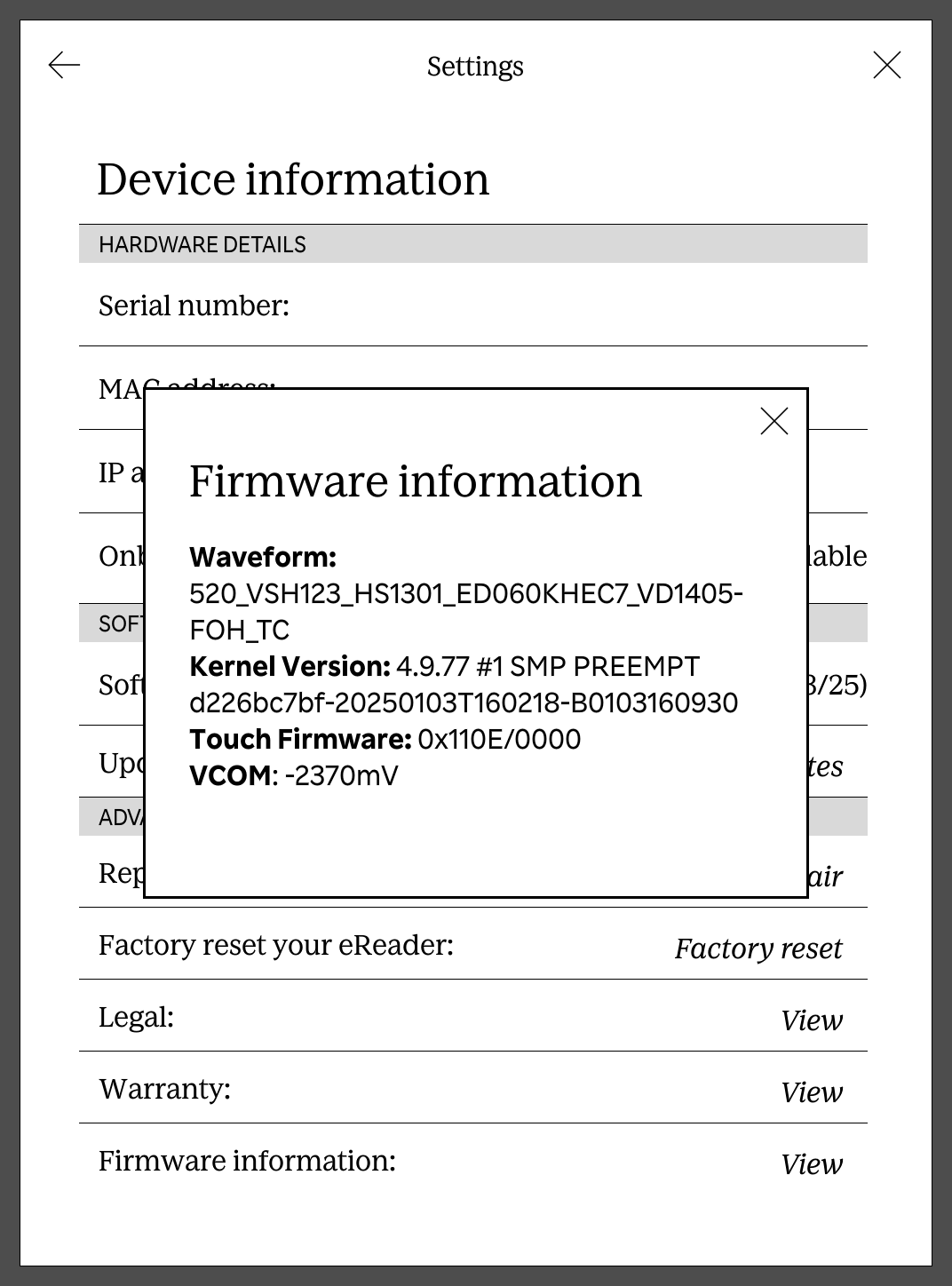 Kernel version displayed on device in firmware information