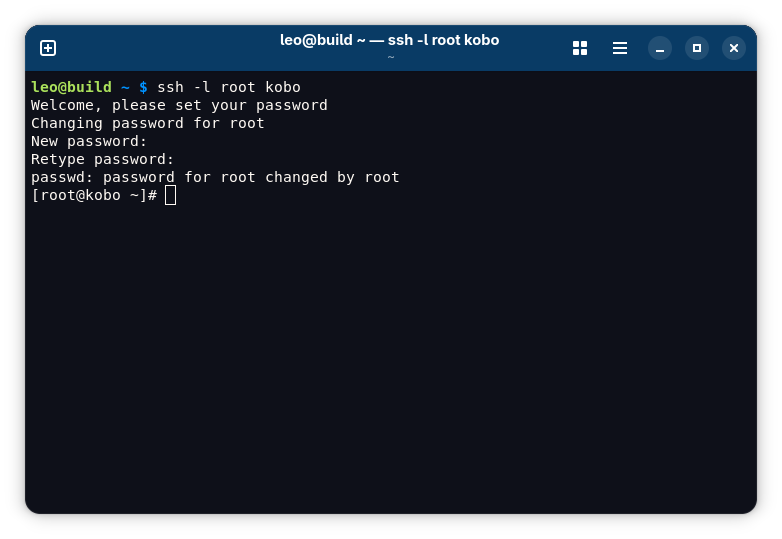The root password configuration and shell prompts