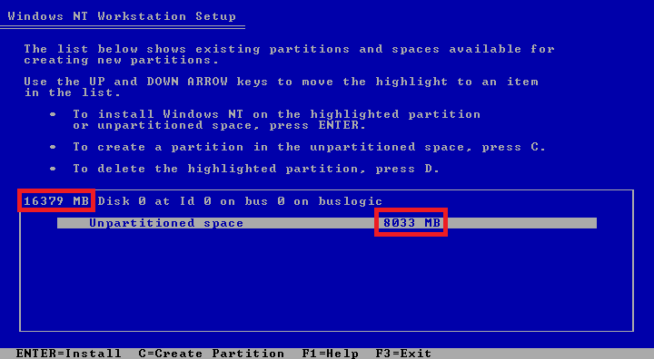Setup showing only 8033 MB unpartitioned space for an empty 16379 MB
drive