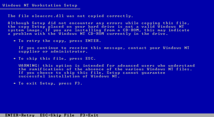 The oleaccrc.dll Setup message